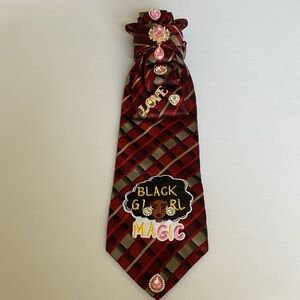 Positive Vibe Junkie Tie: Red Plaid 'Black Girl Magic' Patch & Pink Gem Accents